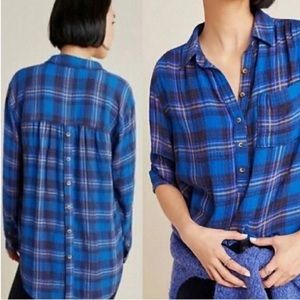Anthropologie Isadora Button-Back Plaid Button Down Oversized Tunic